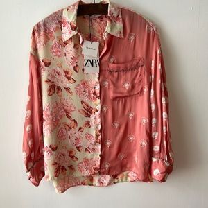 Zara Silia embroidered silky boho floral button down top.   NWT.  Size XS